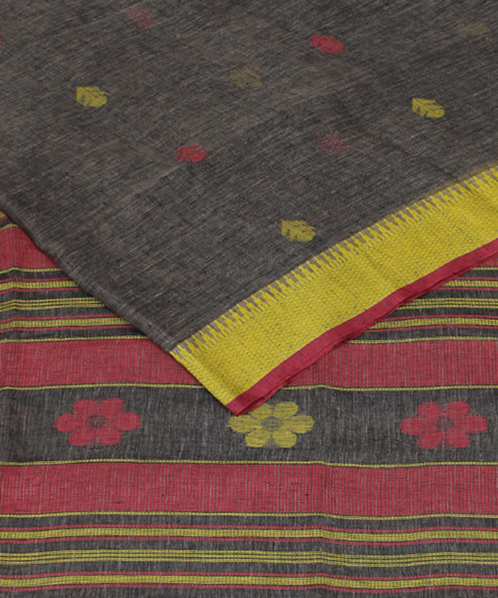 Grey Red Yellow bengal bengal handloom Linen Saree