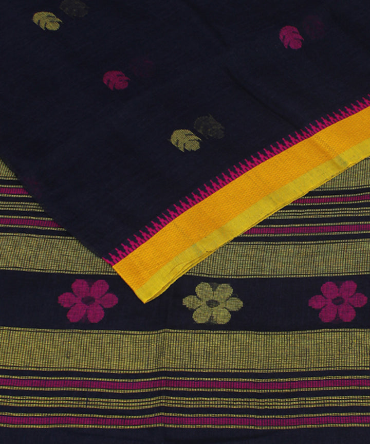Navy Blue Pink Yellow bengal handloom Linen  Saree