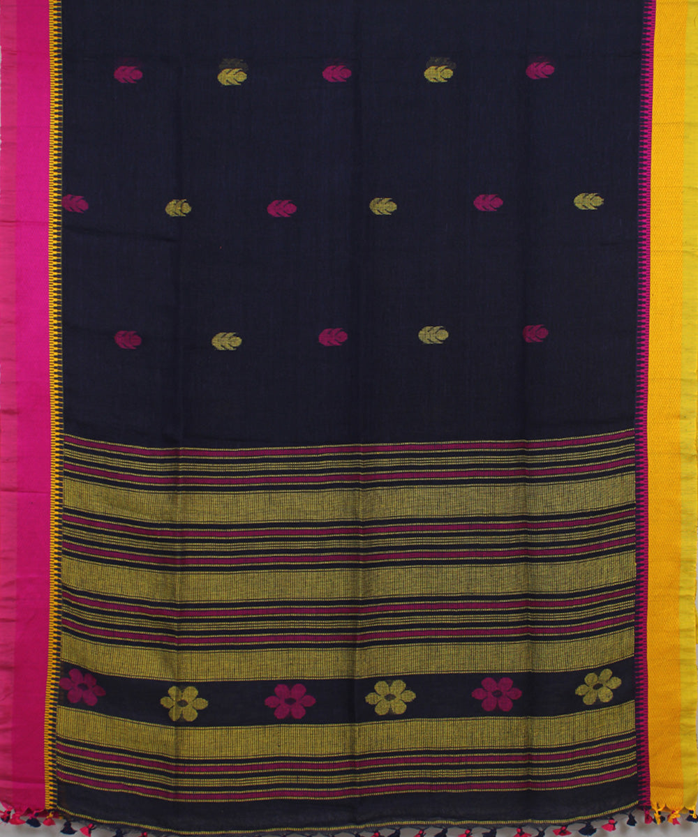Navy Blue Pink Yellow bengal handloom Linen  Saree
