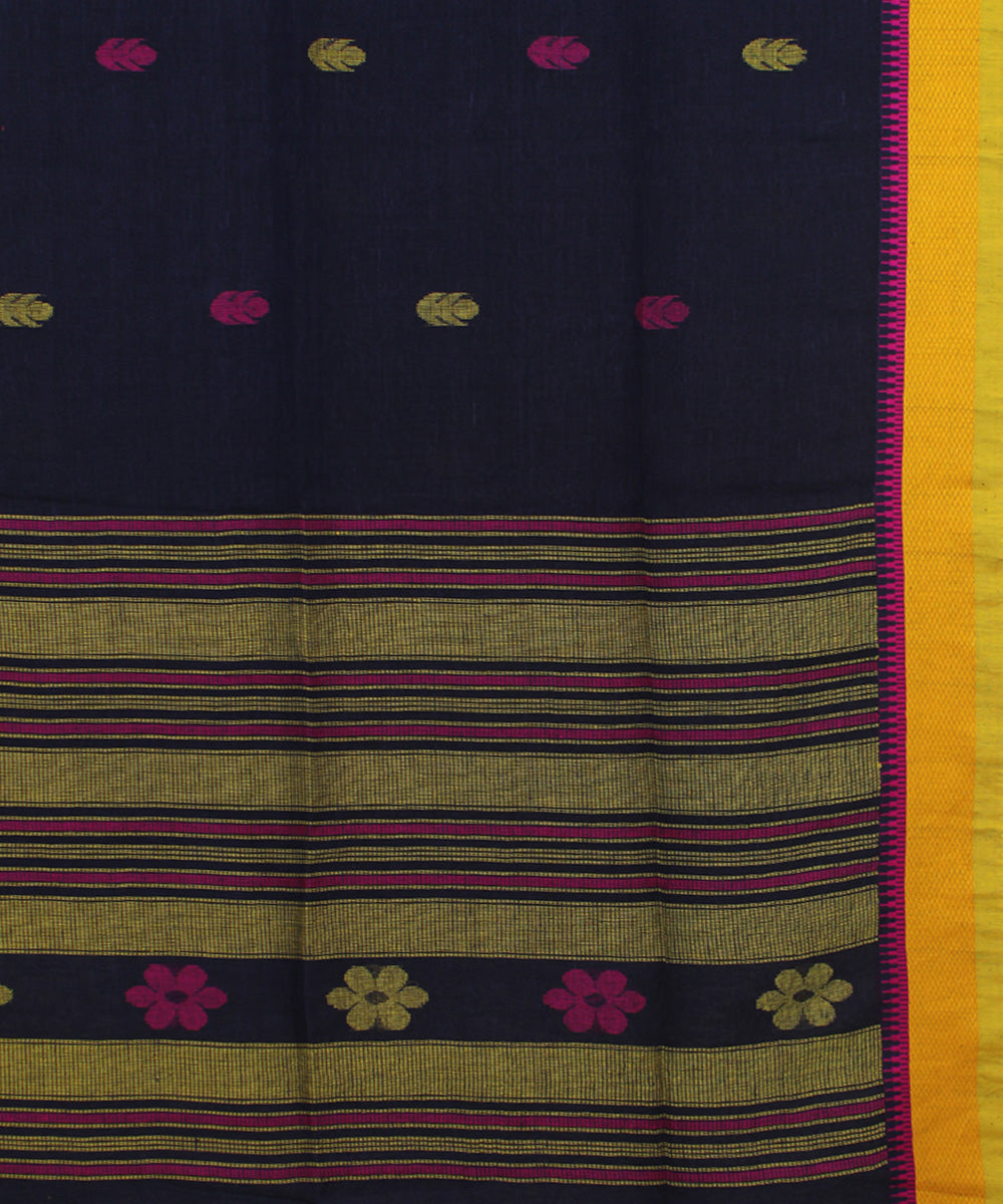 Navy Blue Pink Yellow bengal handloom Linen  Saree