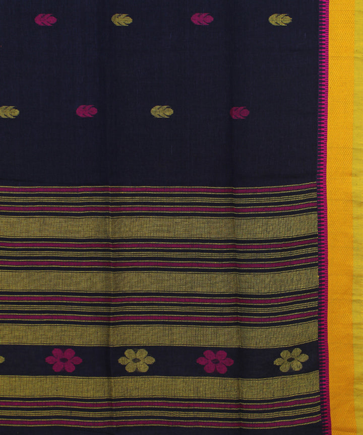Navy Blue Pink Yellow bengal handloom Linen  Saree