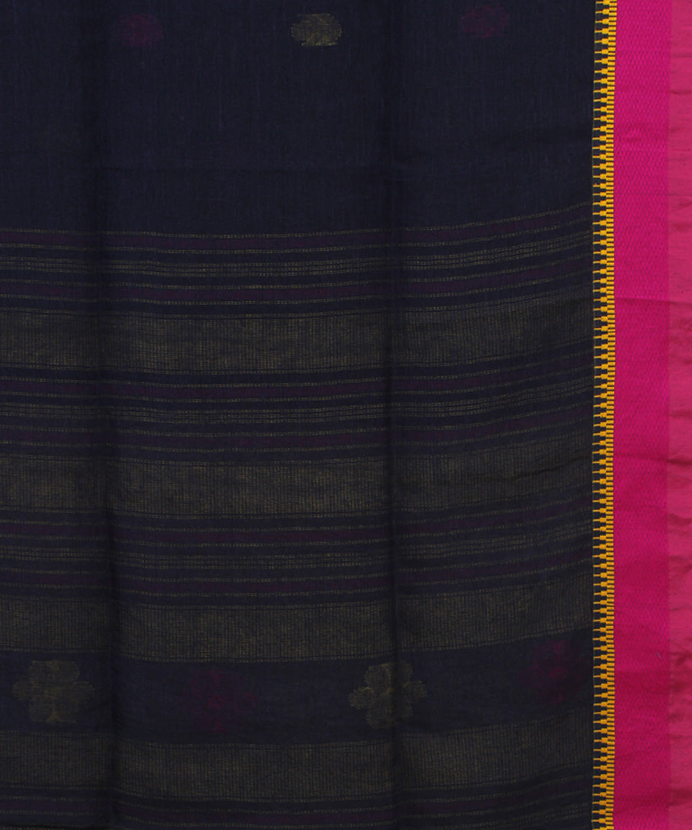 Navy Blue Pink Yellow bengal handloom Linen  Saree