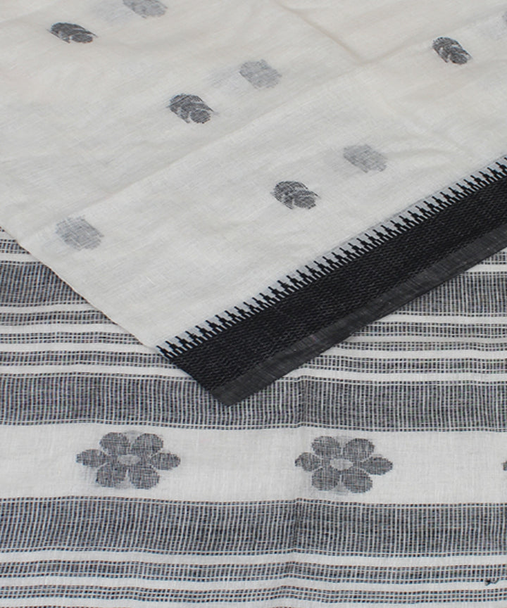 White Black bengal handloom Linen  Saree