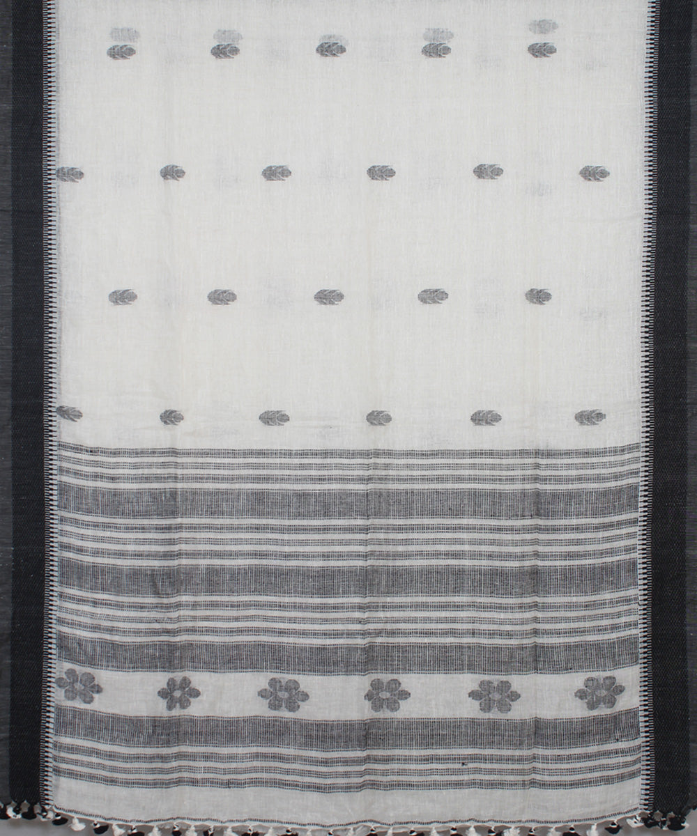 White Black bengal handloom Linen  Saree