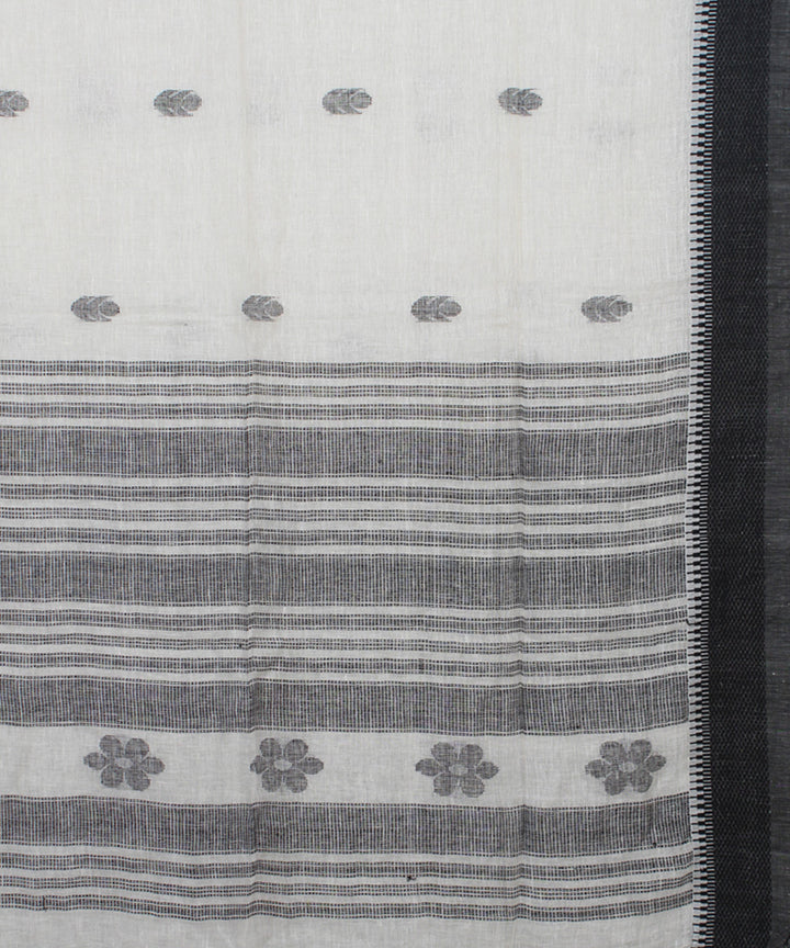 White Black bengal handloom Linen  Saree