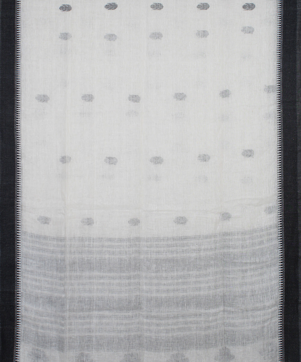 White Black bengal handloom Linen  Saree