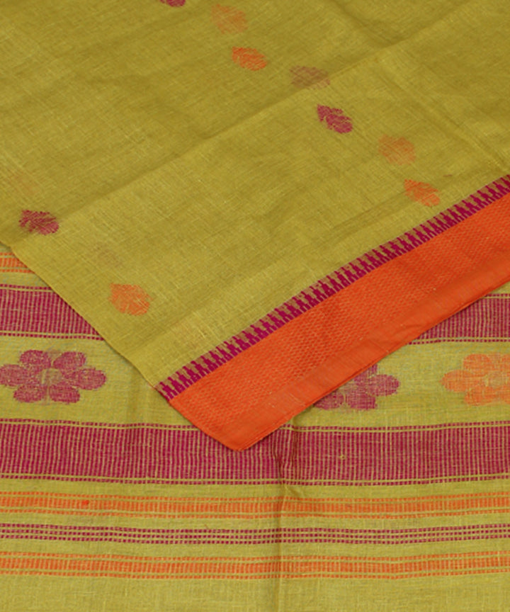 Lime Green Pink Orange bengal handloom Linen  Saree