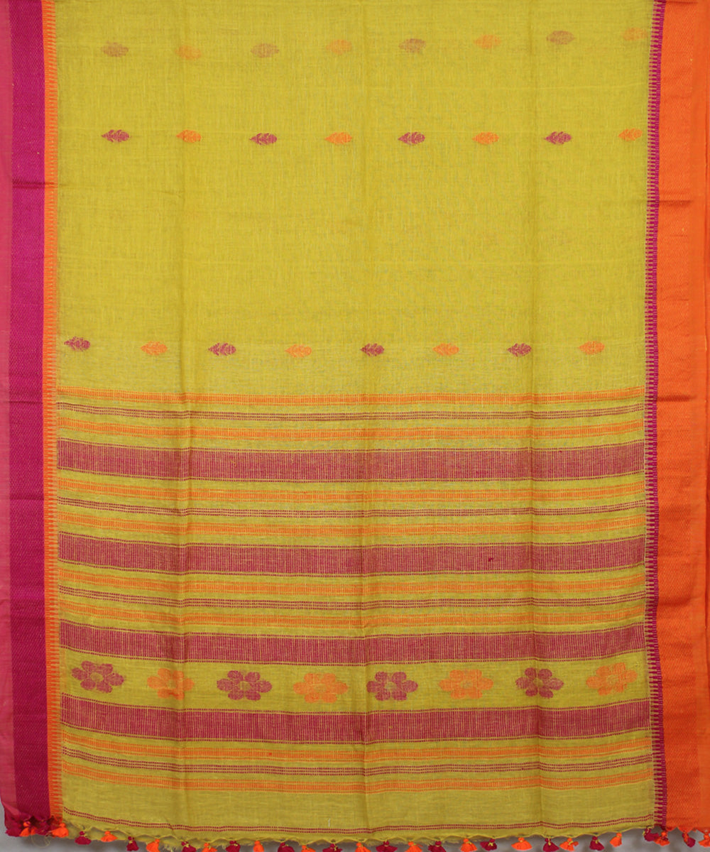 Lime Green Pink Orange bengal handloom Linen  Saree