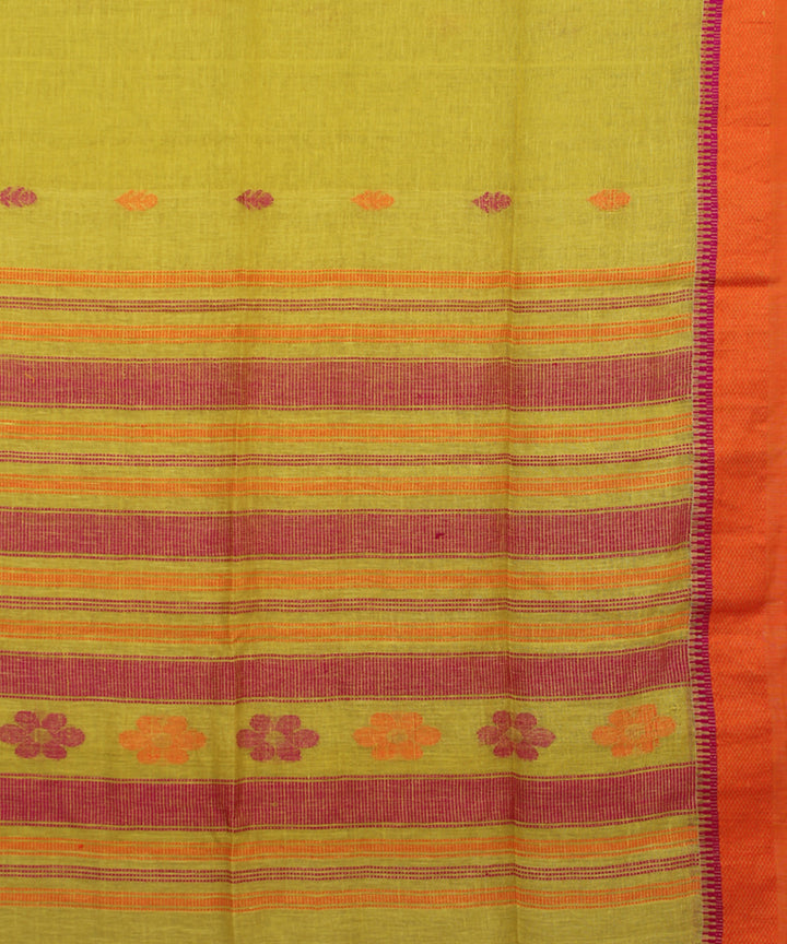 Lime Green Pink Orange bengal handloom Linen  Saree