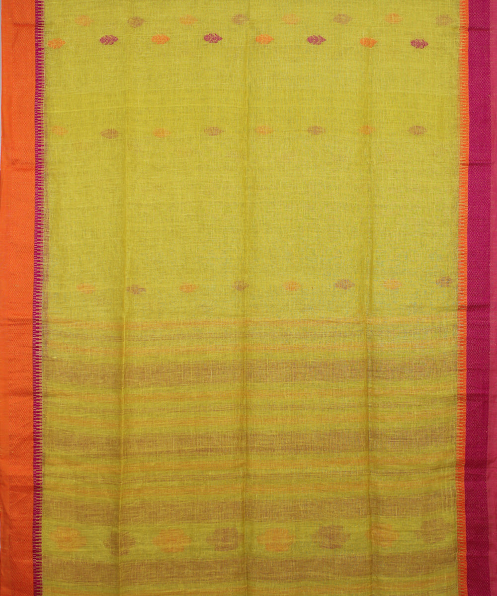 Lime Green Pink Orange bengal handloom Linen  Saree