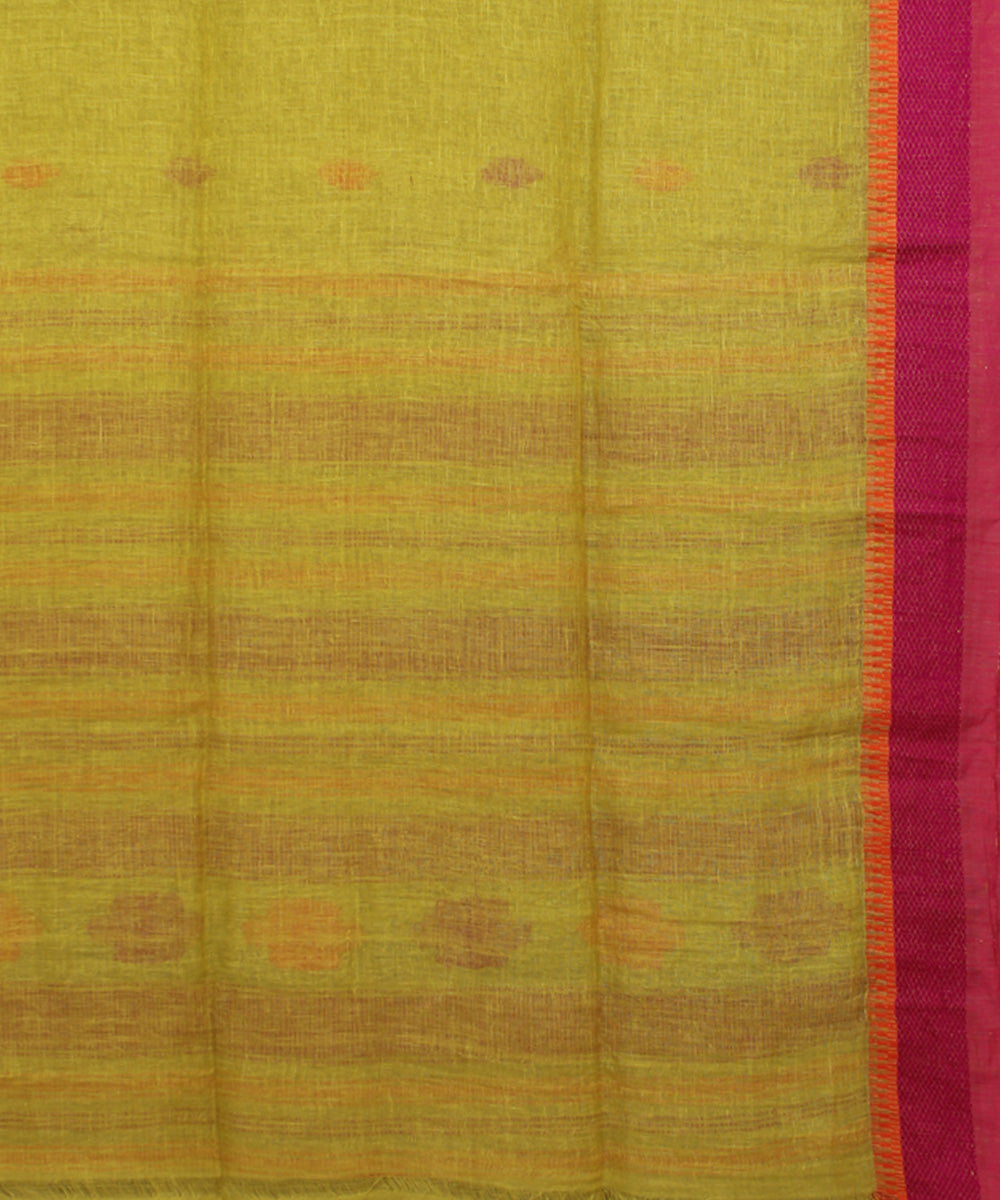 Lime Green Pink Orange bengal handloom Linen  Saree