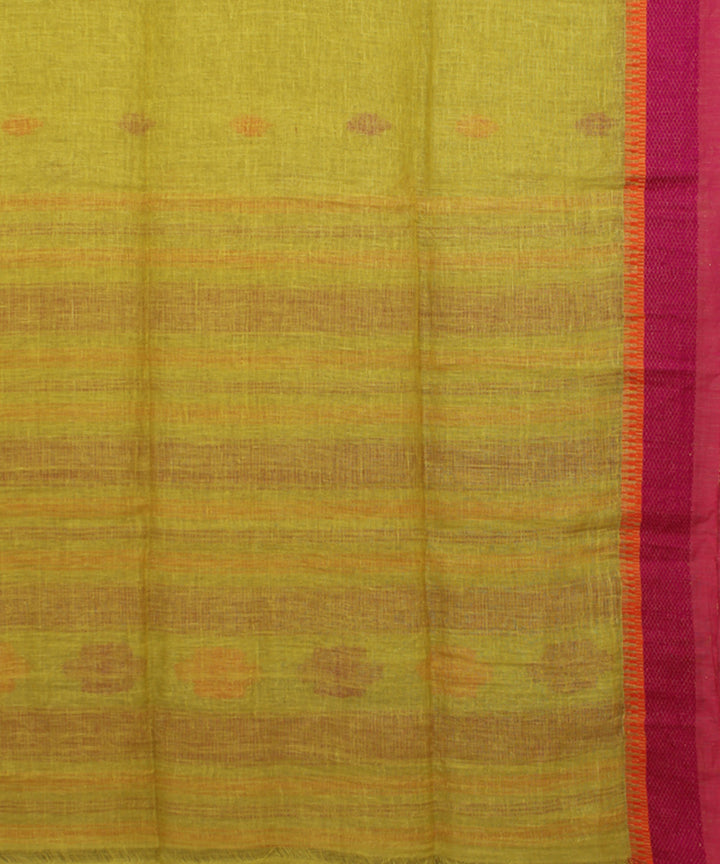 Lime Green Pink Orange bengal handloom Linen  Saree