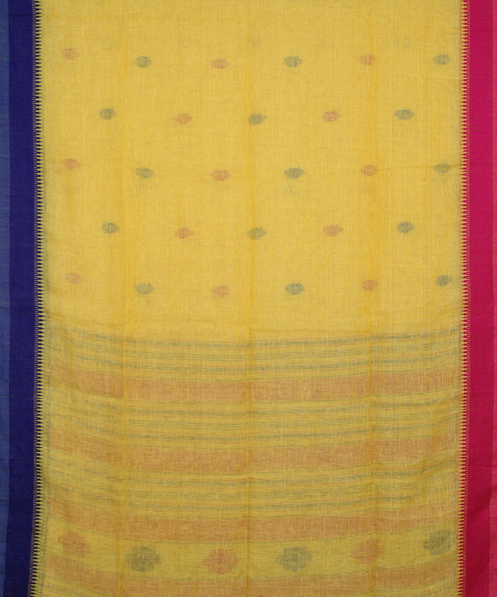 Yellow Pink Blue bengal handloom Linen  Saree