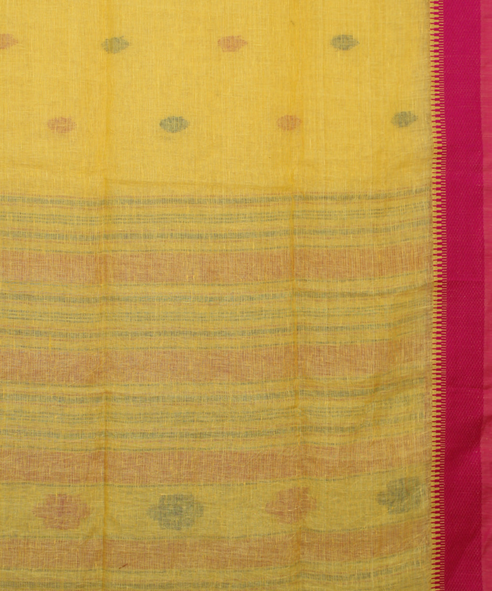 Yellow Pink Blue bengal handloom Linen  Saree