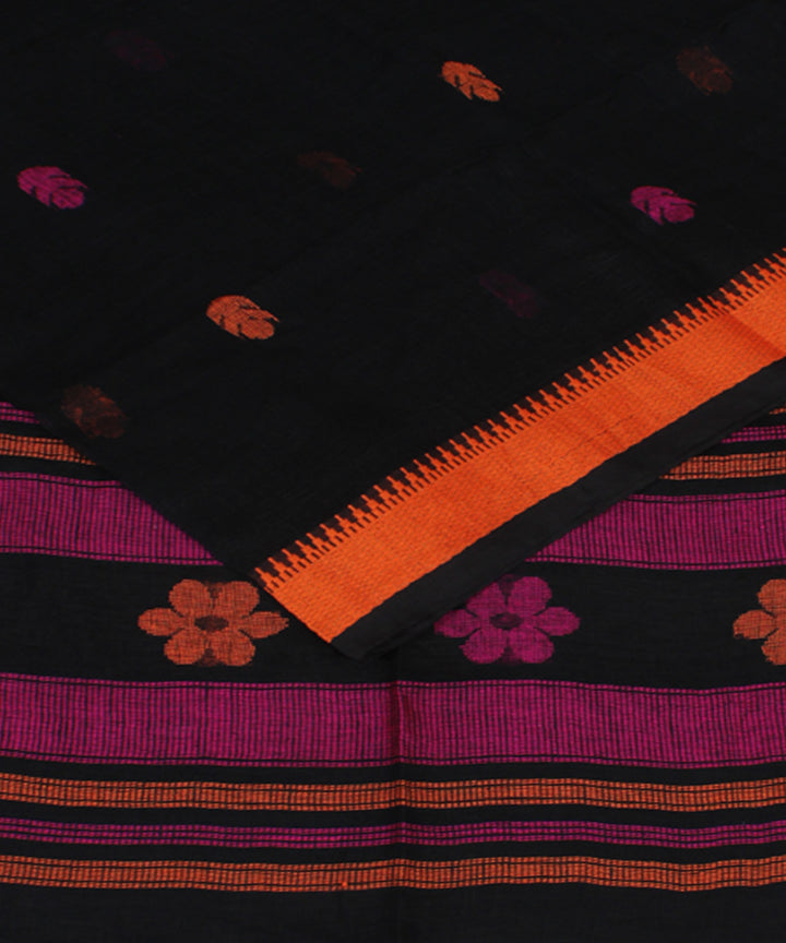 Black Pink Orange bengal handloom Linen  Saree