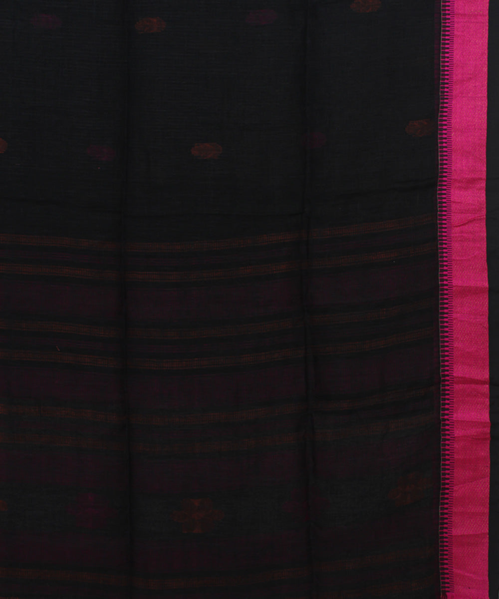 Black Pink Orange bengal handloom Linen  Saree