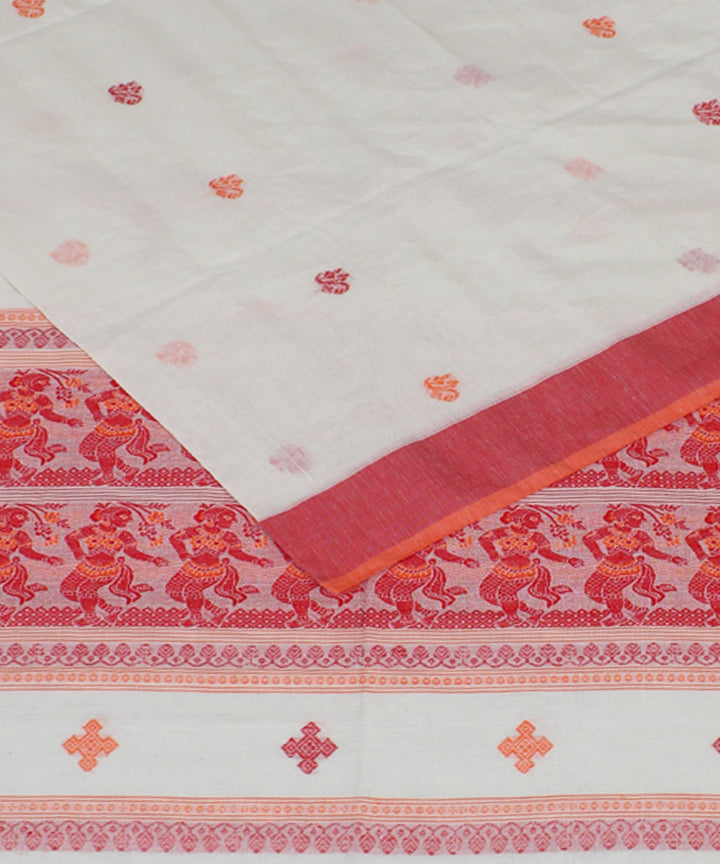 White Red bengal handloom Cotton  Saree