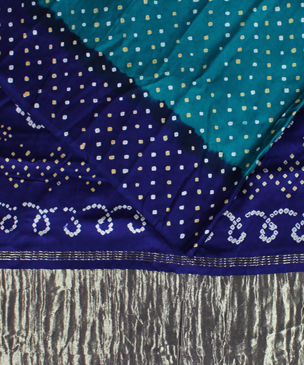Cyan and blue tie dyed silk bandhani saree