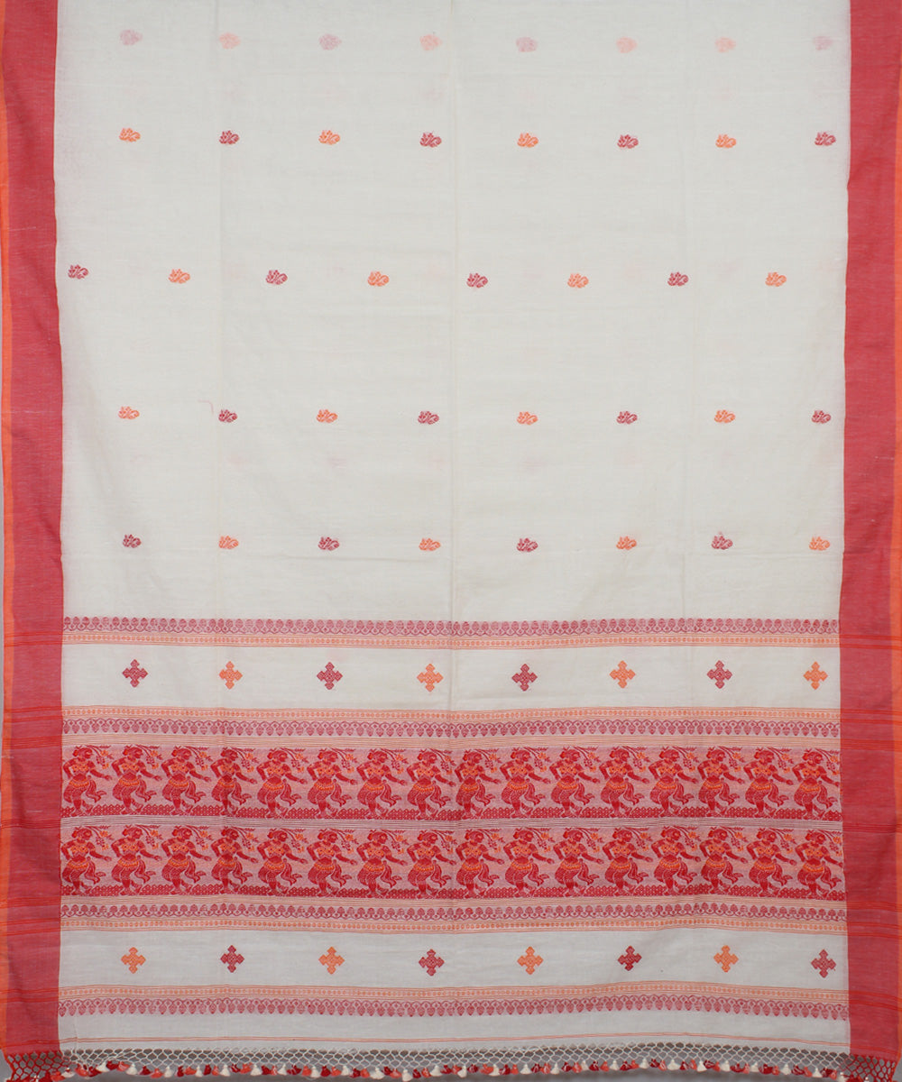 White Red bengal handloom Cotton  Saree