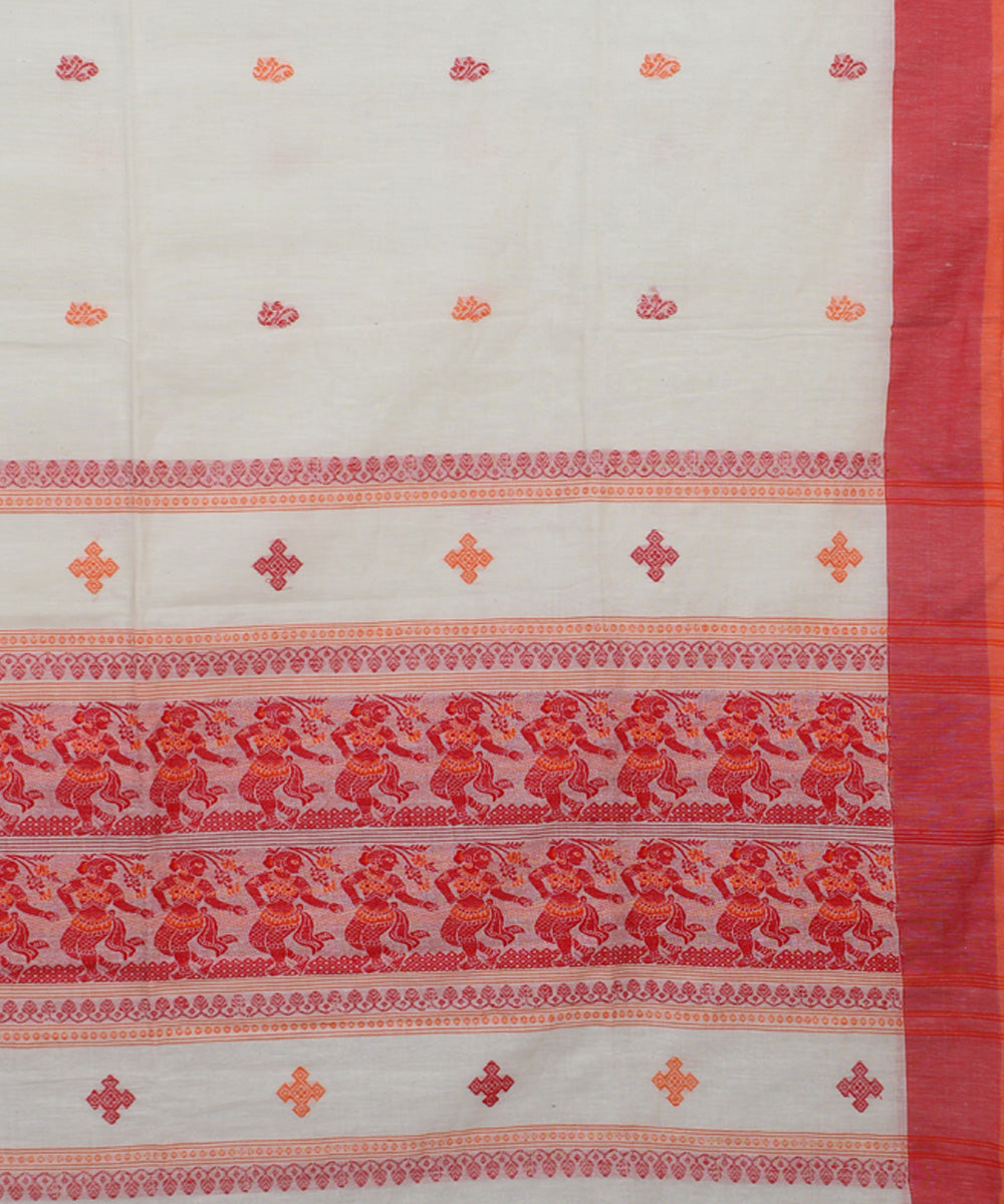 White Red bengal handloom Cotton  Saree