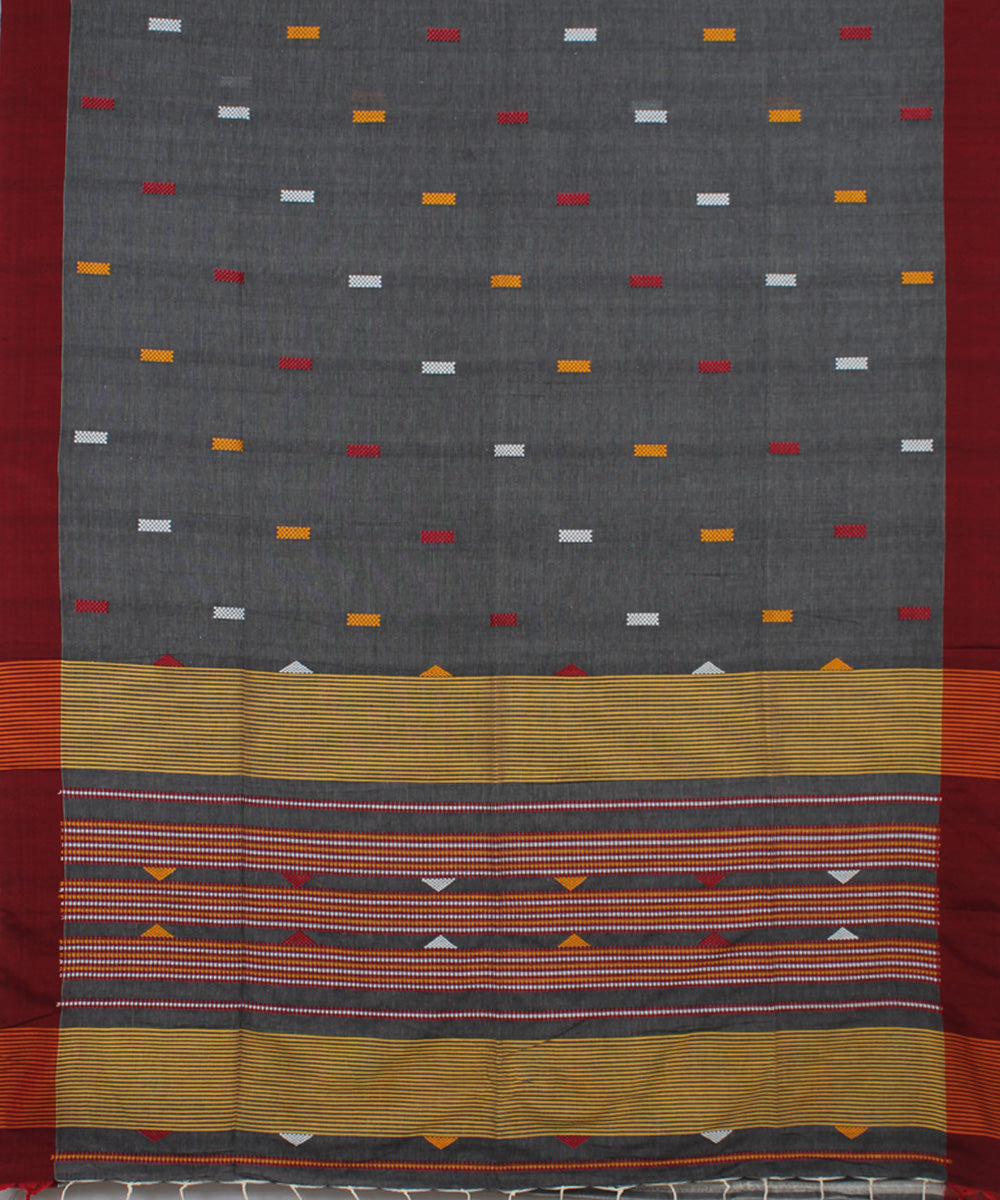 Grey Maroon bengal handloom Cotton Saree