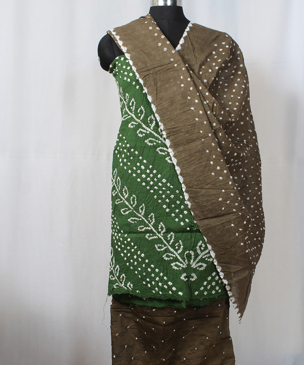 3pc Mehandi green brown cotton hand printed bandhani suit set