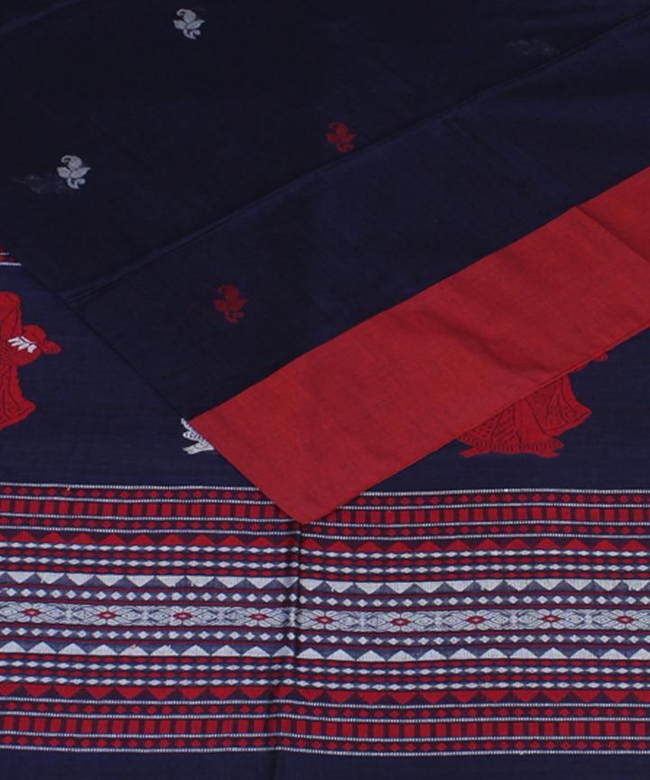 Navy Blue Red White bengal handloom Cotton Saree