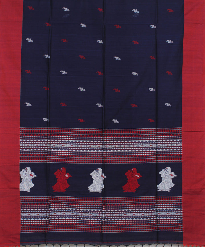 Navy Blue Red White bengal handloom Cotton Saree