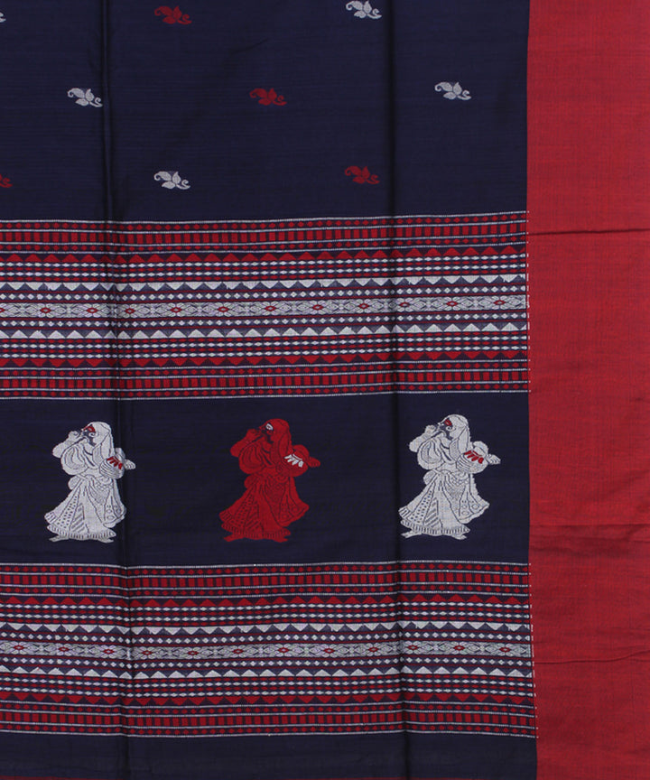 Navy Blue Red White bengal handloom Cotton Saree