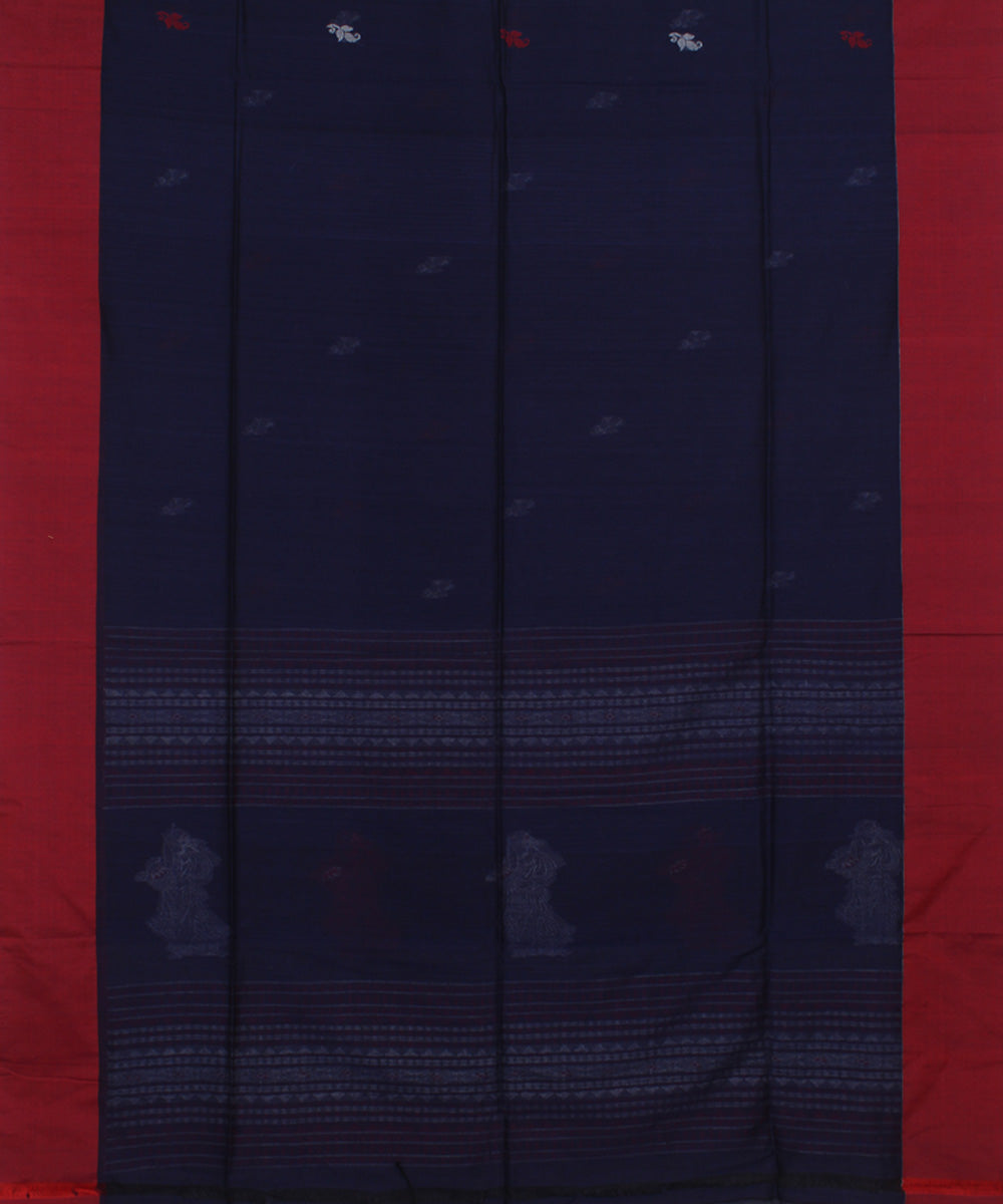 Navy Blue Red White bengal handloom Cotton Saree