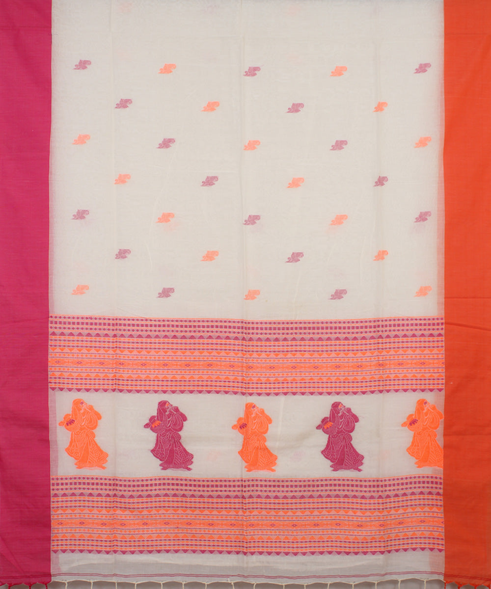 White Pink Scarlet bengal handloom Cotton Saree