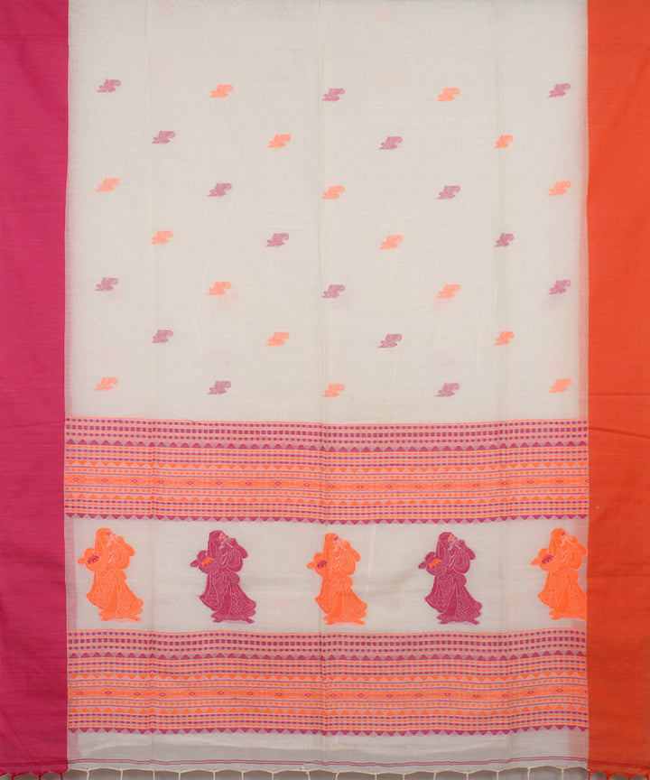 White Pink Scarlet bengal handloom Cotton Saree