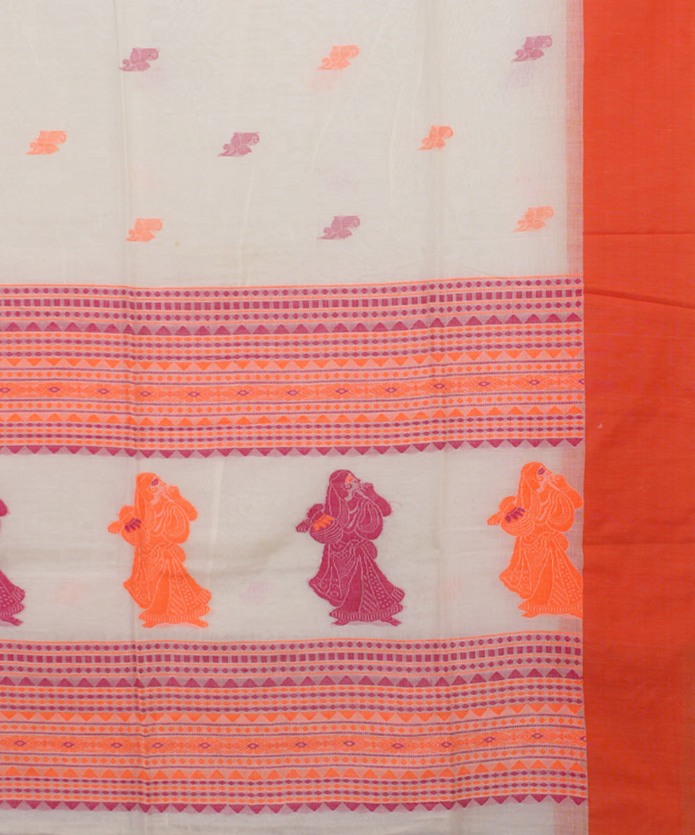 White Pink Scarlet bengal handloom Cotton Saree