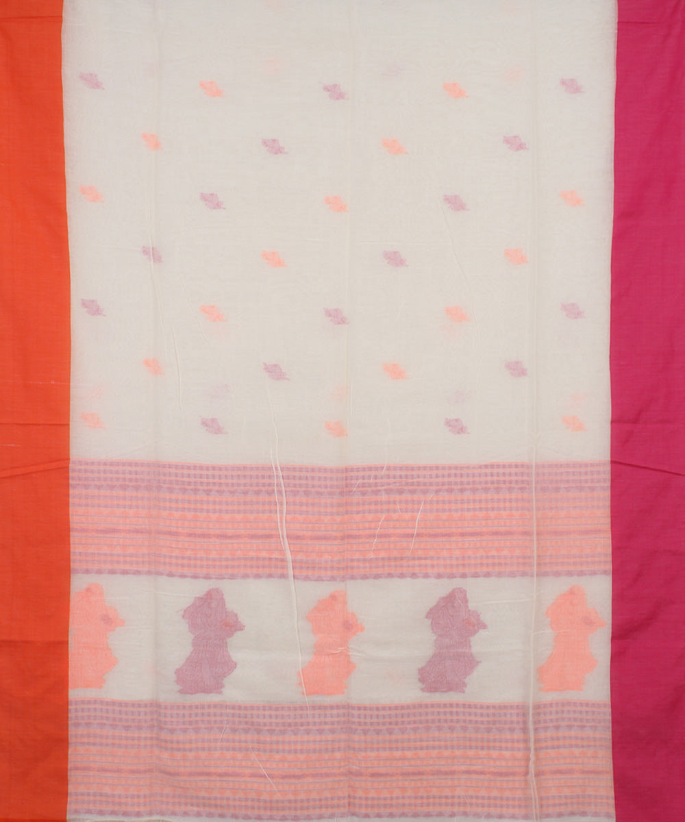 White Pink Scarlet bengal handloom Cotton Saree