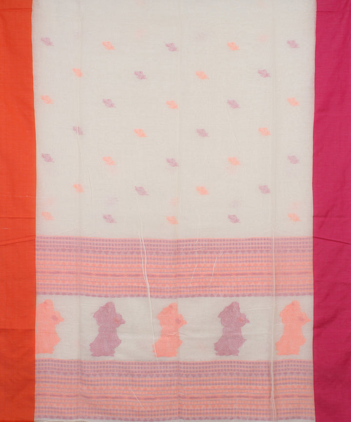 White Pink Scarlet bengal handloom Cotton Saree