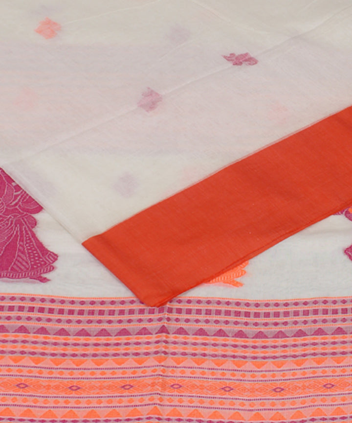 White Pink Scarlet bengal handloom Cotton Saree