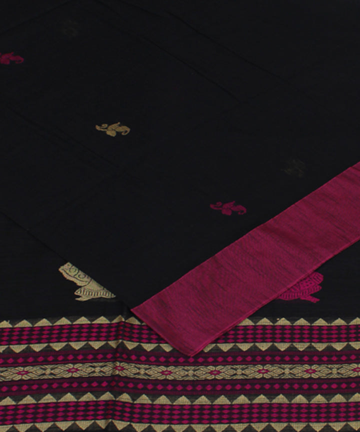 Black Purple orange bengal handloom Cotton Saree