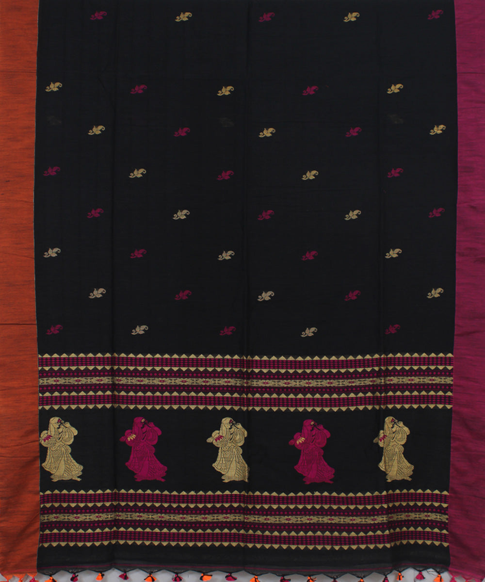 Black Purple orange bengal handloom Cotton Saree