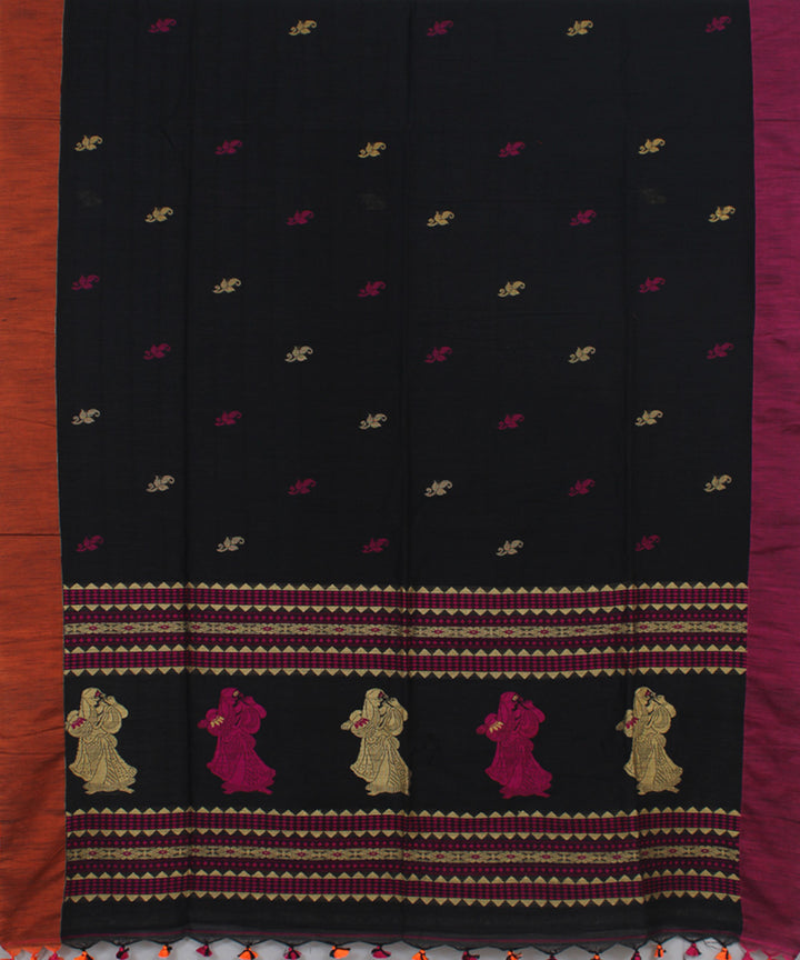 Black Purple orange bengal handloom Cotton Saree