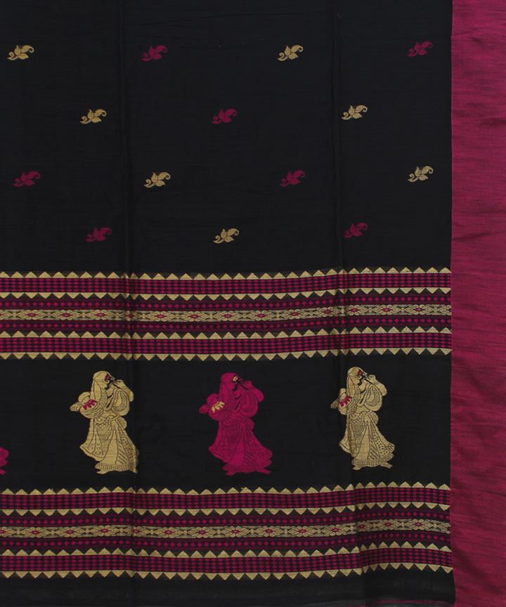 Black Purple orange bengal handloom Cotton Saree