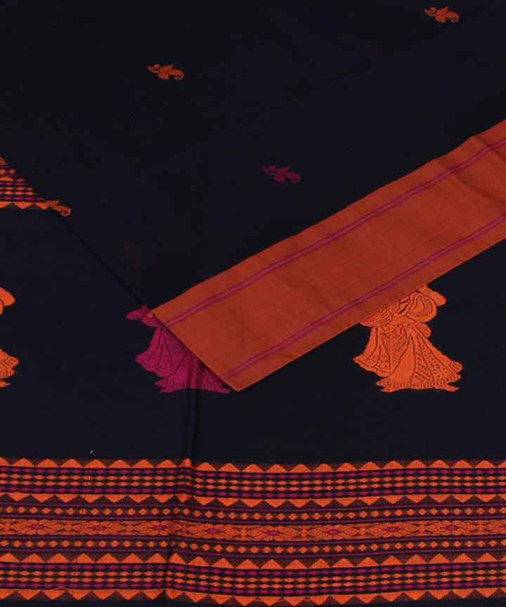 Black Orange bengal handloom Cotton Saree