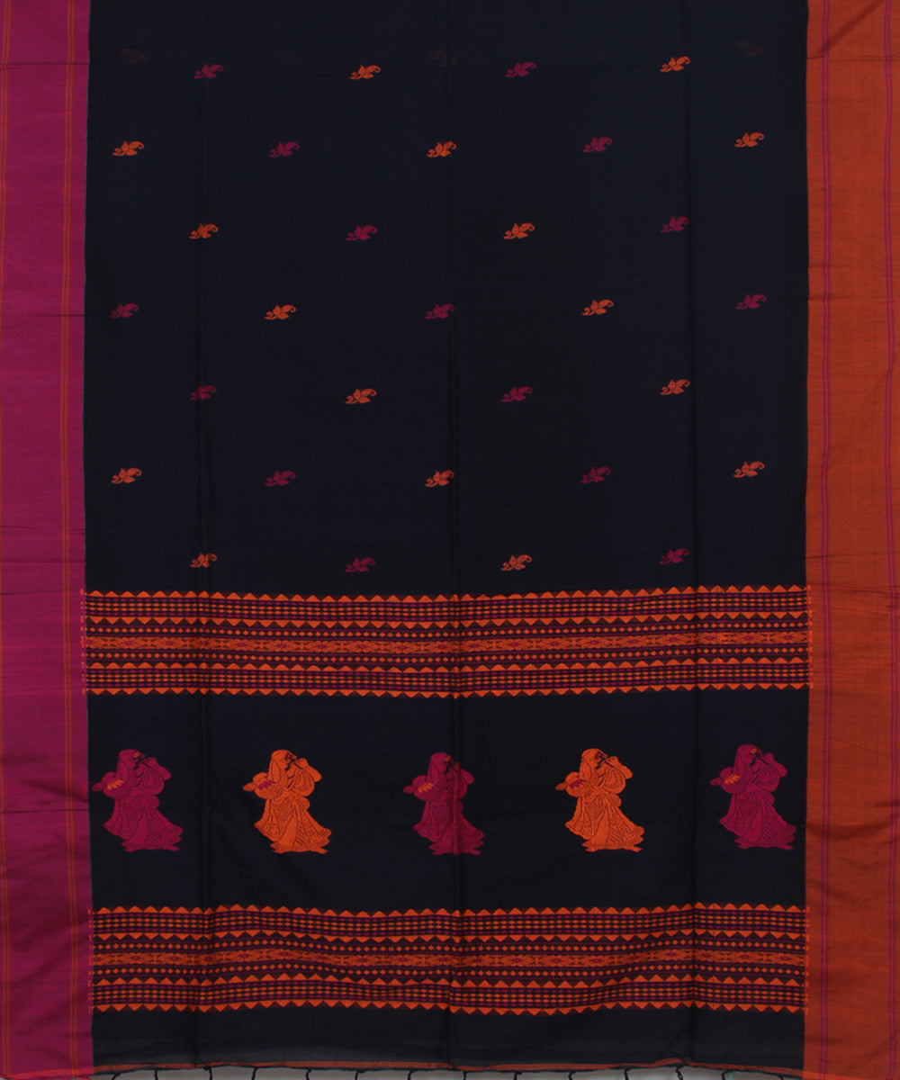 Black Orange bengal handloom Cotton Saree