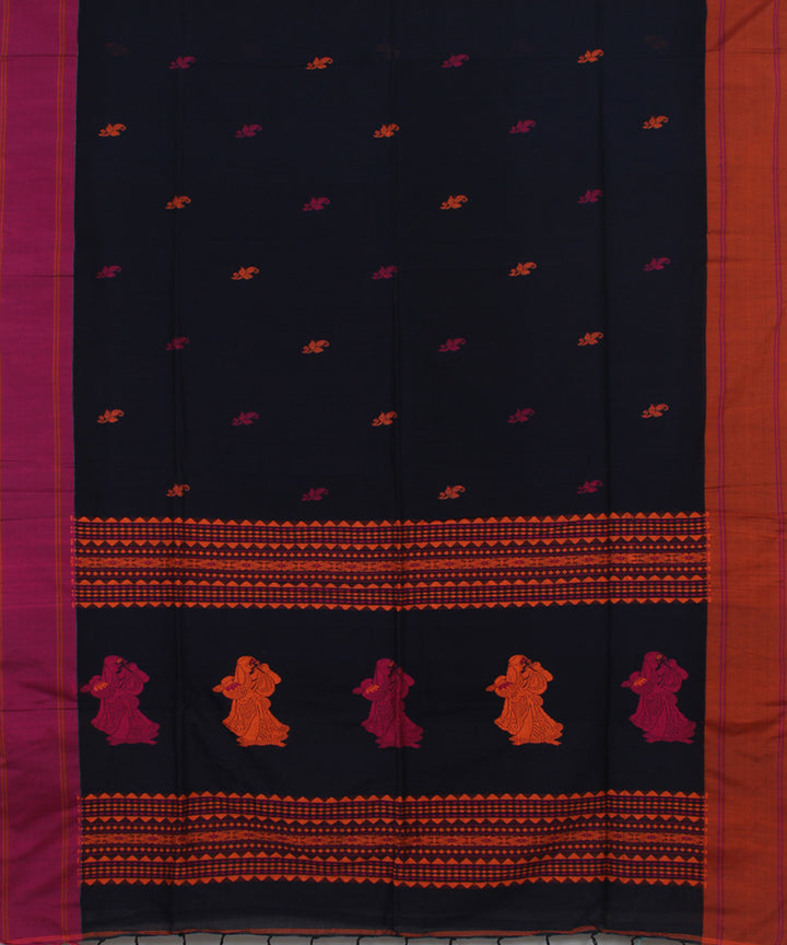 Black Orange bengal handloom Cotton Saree