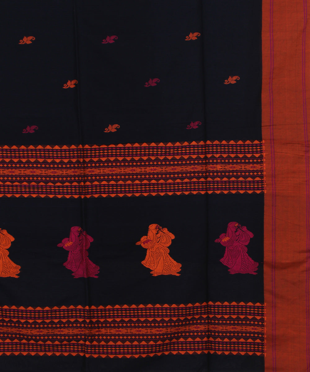 Black Orange bengal handloom Cotton Saree