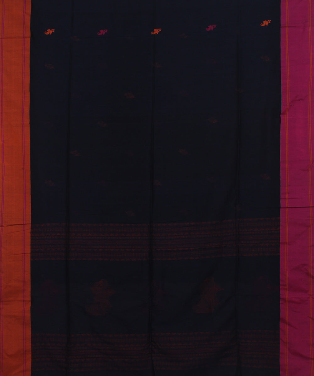 Black Orange bengal handloom Cotton Saree