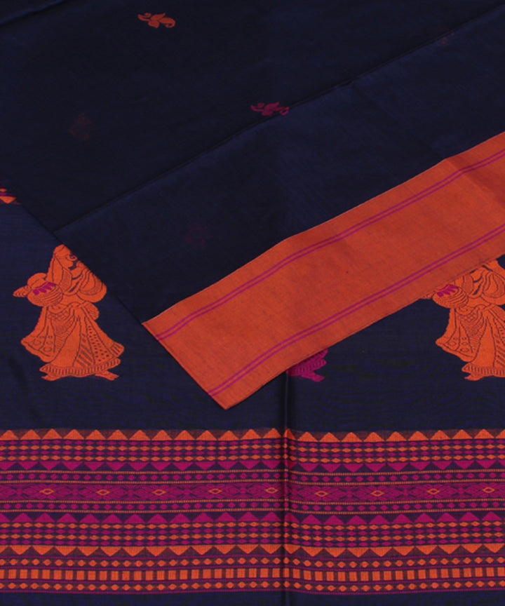 Navy Blue Pink Orange bengal handloom Cotton Saree