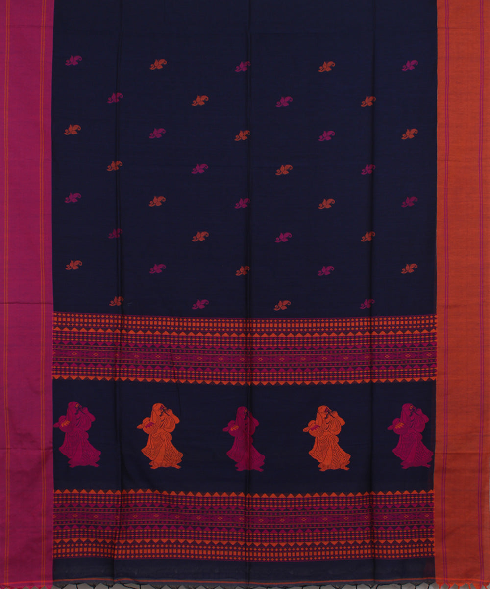 Navy Blue Pink Orange bengal handloom Cotton Saree