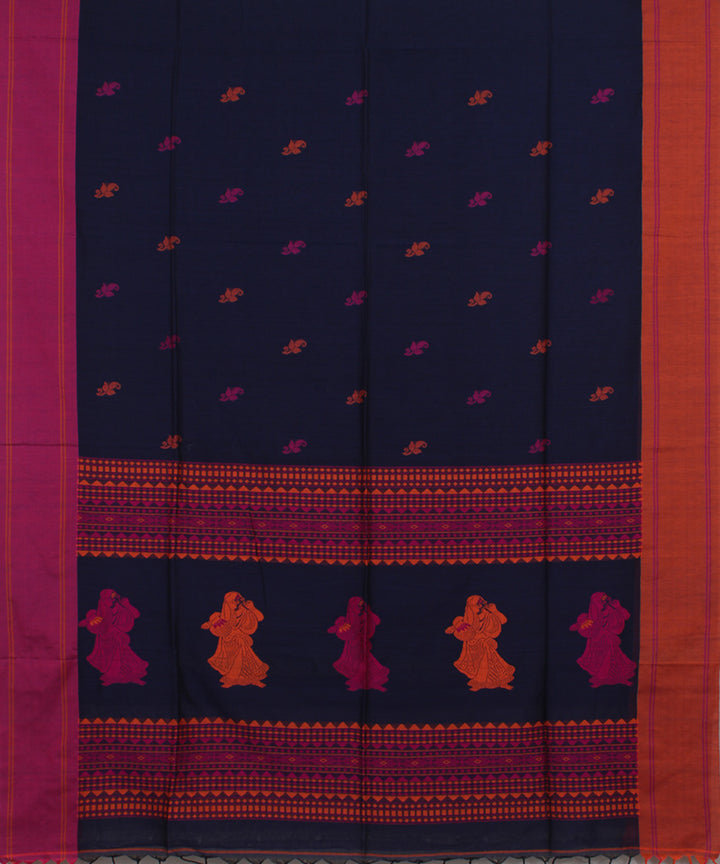 Navy Blue Pink Orange bengal handloom Cotton Saree