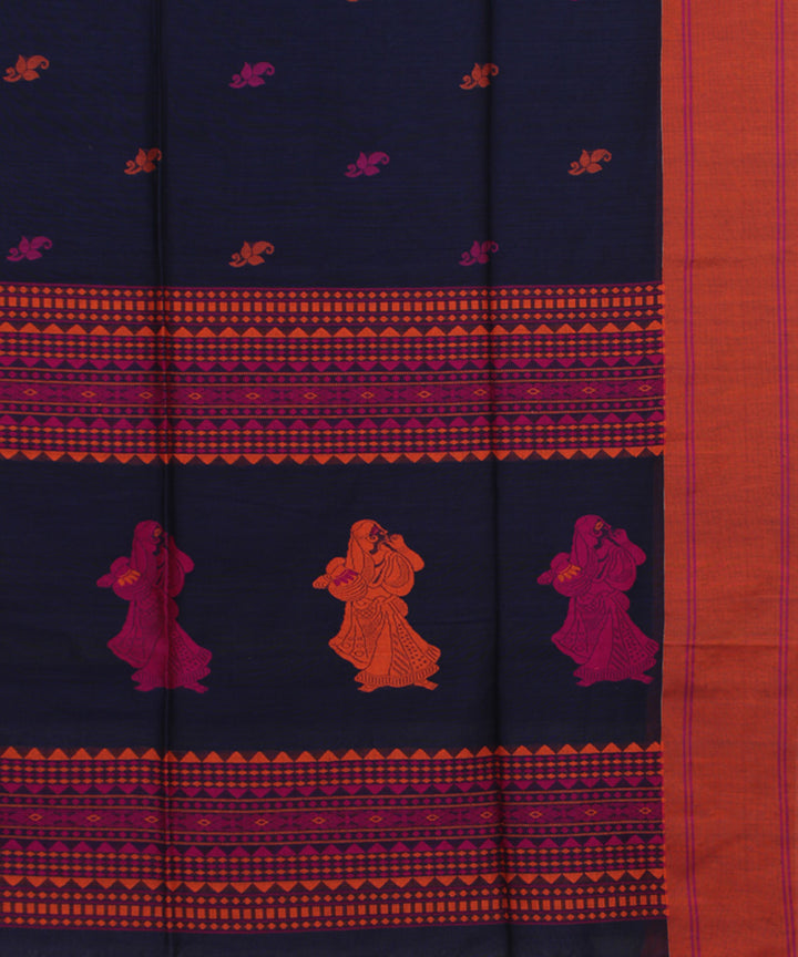 Navy Blue Pink Orange bengal handloom Cotton Saree