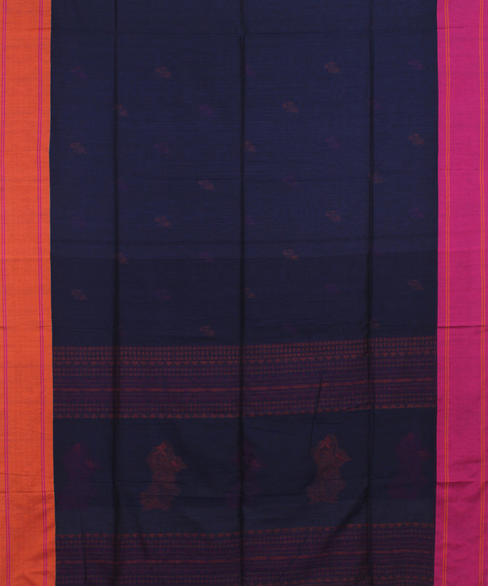 Navy Blue Pink Orange bengal handloom Cotton Saree